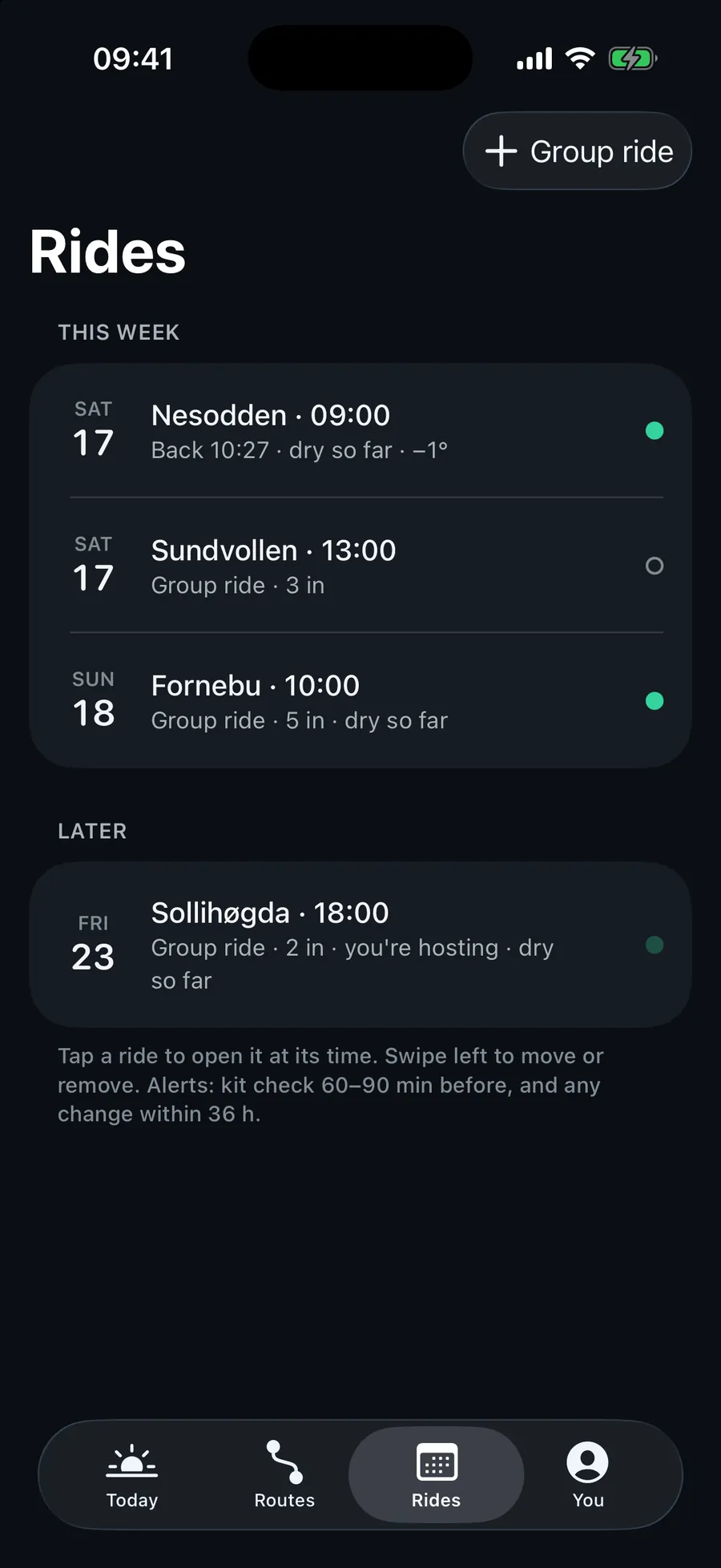 The Rides tab: this week's rides and group rides by day, each with when you're back and whether it stays dry, and the ones later on.