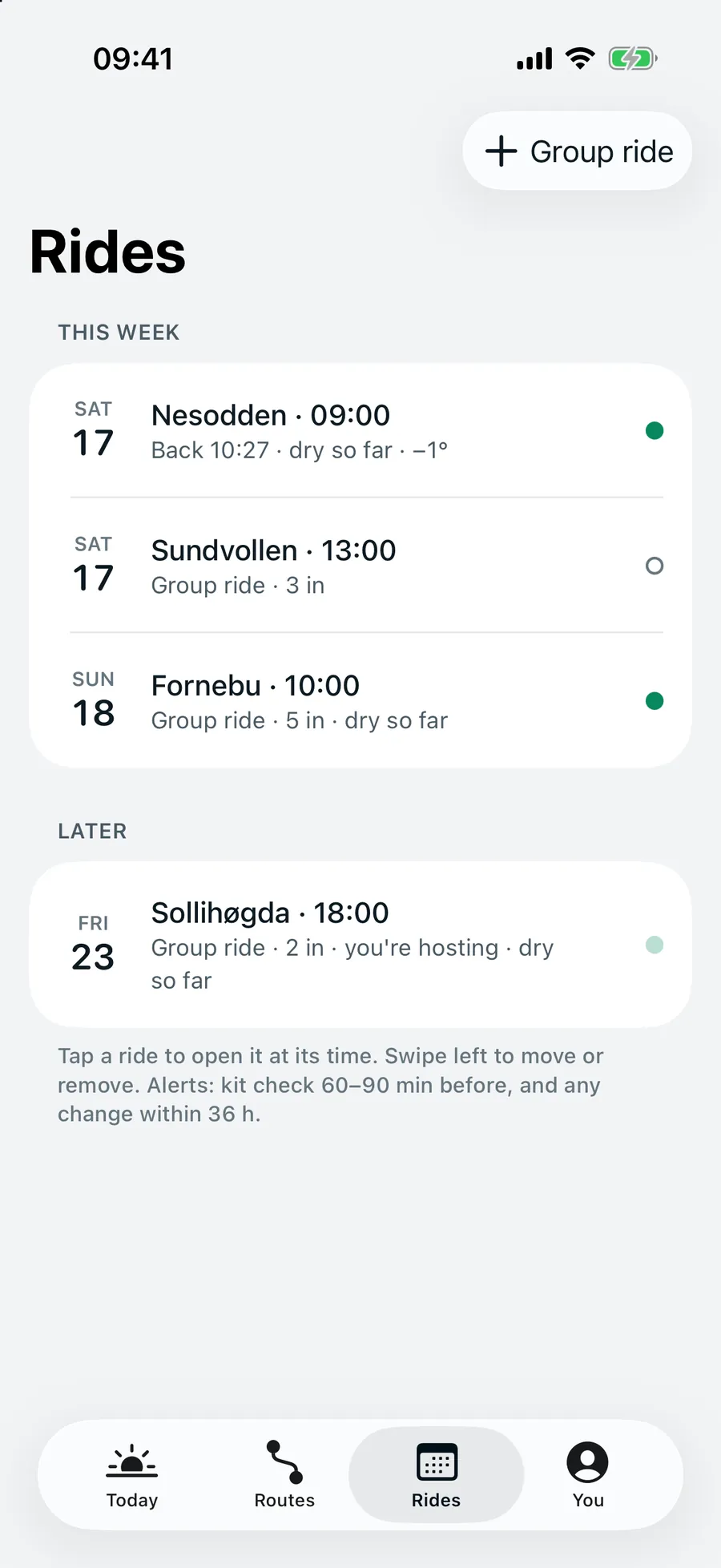 The Rides tab: this week's rides and group rides by day, each with when you're back and whether it stays dry, and the ones later on.