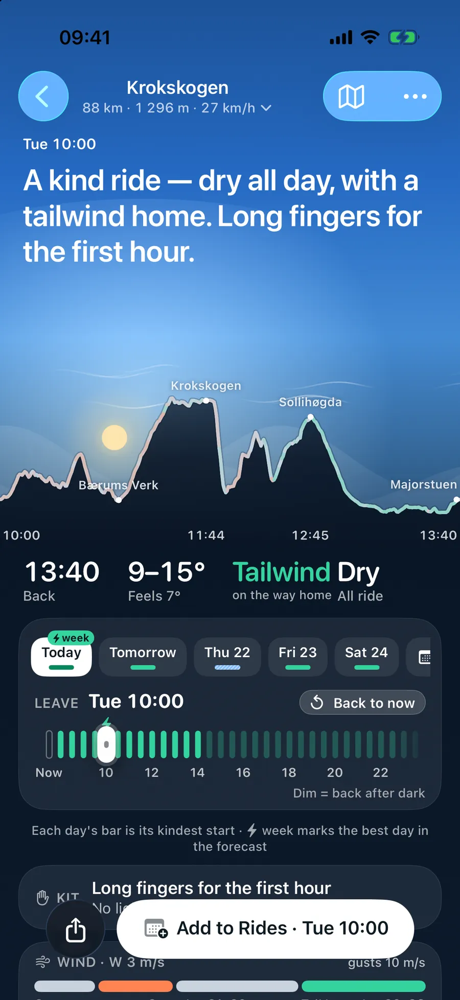 Velvind on iPhone: Krokskogen, 88 km, Tuesday 10:00. “A kind ride — dry all day, with a tailwind home. Long fingers for the first hour.” The route's profile is the horizon, lit by the wind; below it, back 13:40, 9–15°, a tailwind on the way home, dry all ride, and the departure strip.