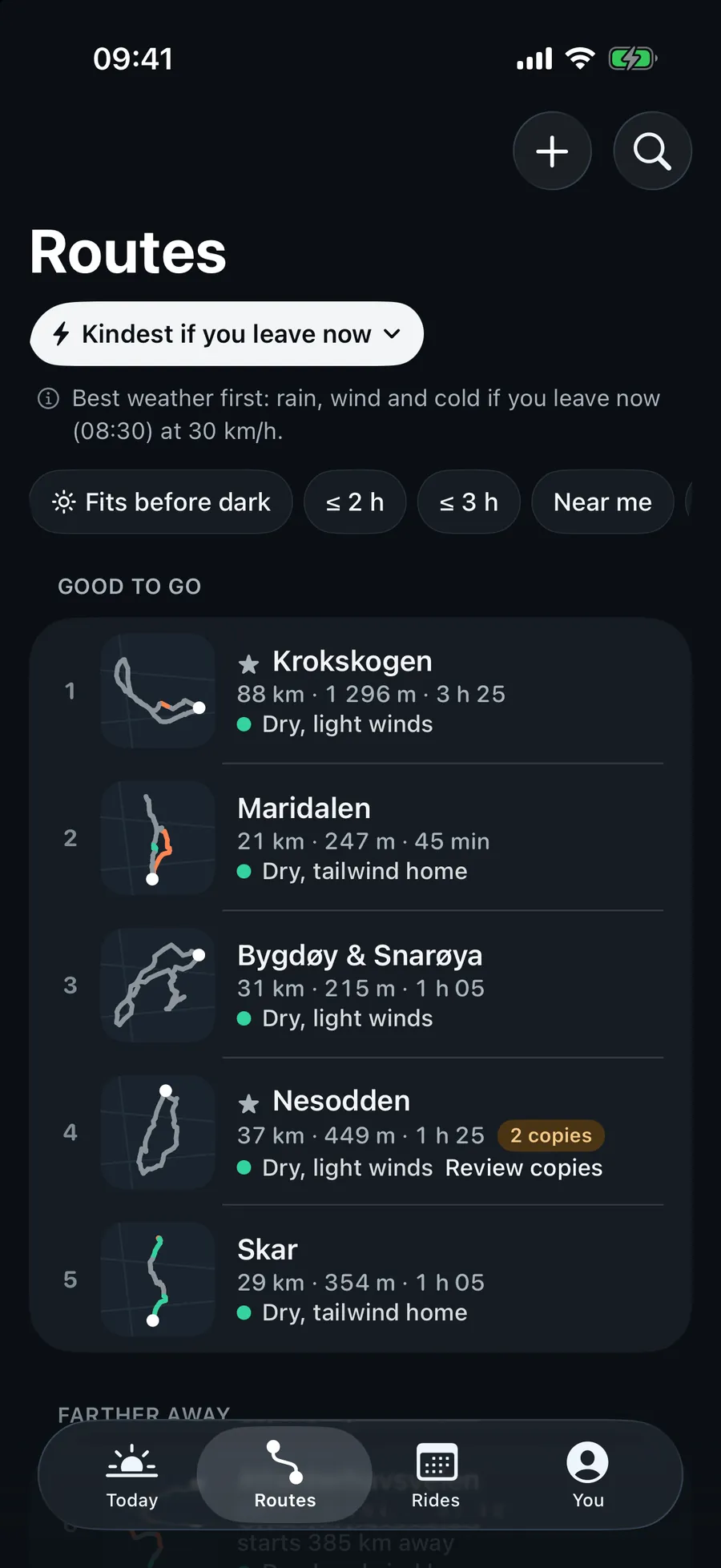 The Routes tab, “Kindest if you leave now”: Krokskogen, Maridalen, Bygdøy & Snarøya, Nesodden and Skar, each with its distance, climb, time and a line on the ride if you leave now.