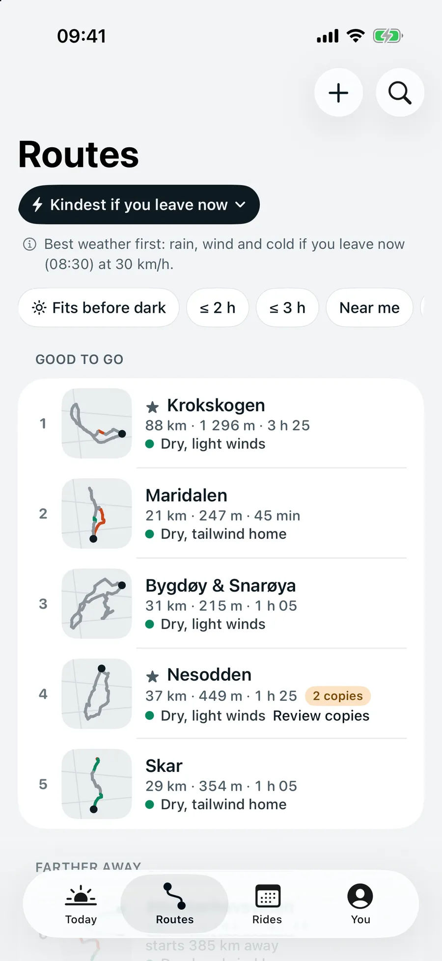 The Routes tab, “Kindest if you leave now”: Krokskogen, Maridalen, Bygdøy & Snarøya, Nesodden and Skar, each with its distance, climb, time and a line on the ride if you leave now.