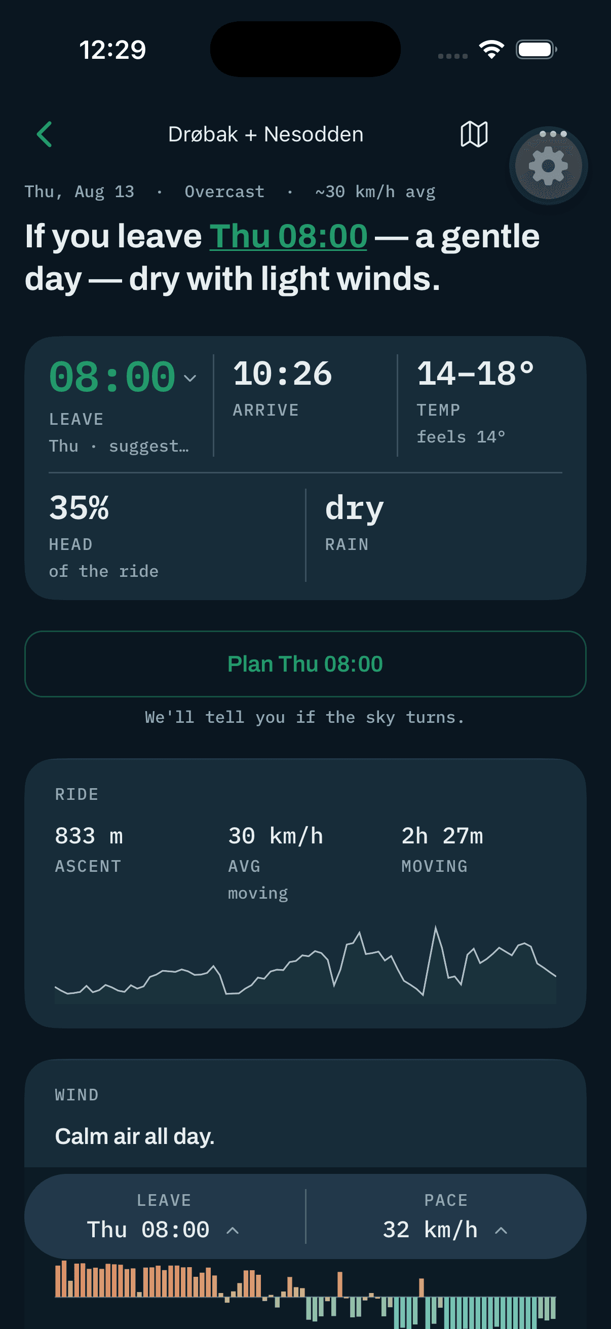 The Velvind iOS app: verdict, departure board and plan button for a real ride